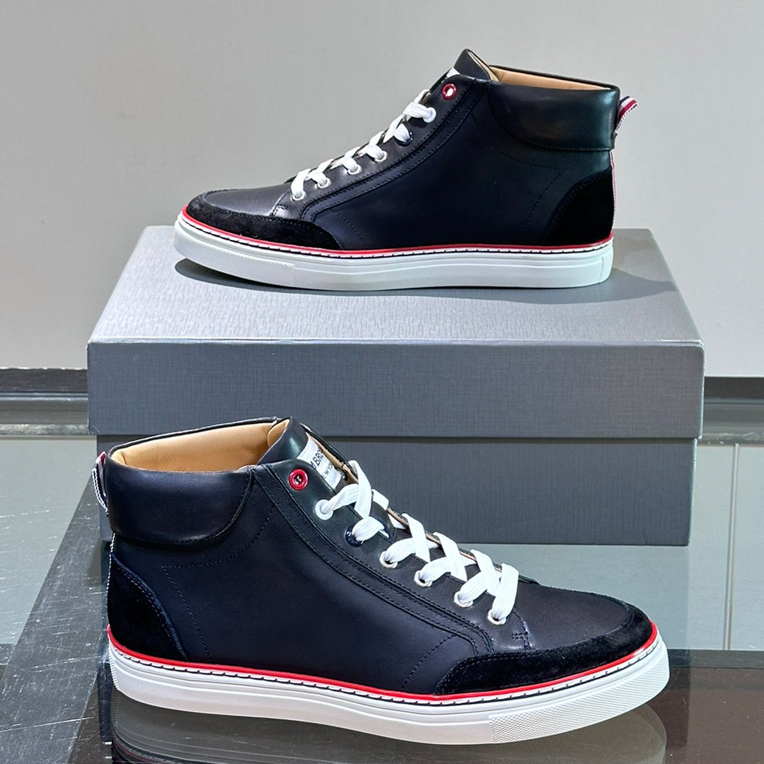 Thom BrowneMen's Premium High-Top Leather Sneakers - Handcrafted Cowhide Casual Shoes with Grosgrain Detail