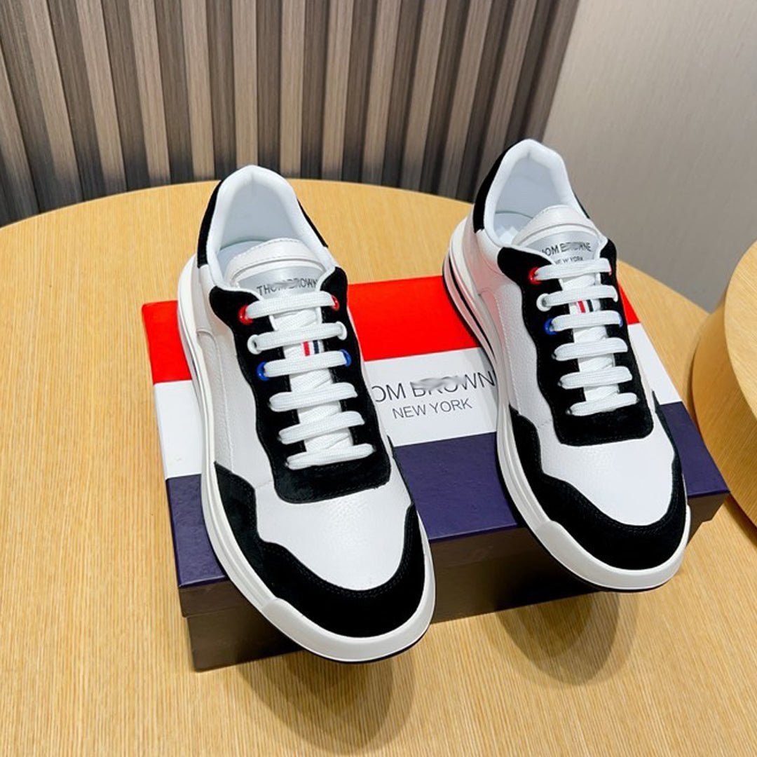 Thom BrownePremium Leather Sneakers with Grosgrain Buckle - White & Red Options
