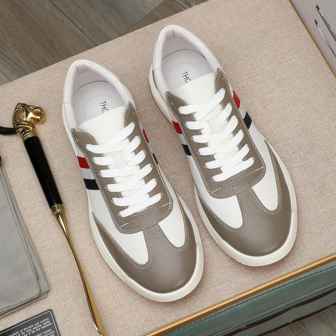 Thom BrowneMen's Premium Leather Sneakers - Handcrafted Cowhide Low-Top Casual Shoes with Grosgrain Detail