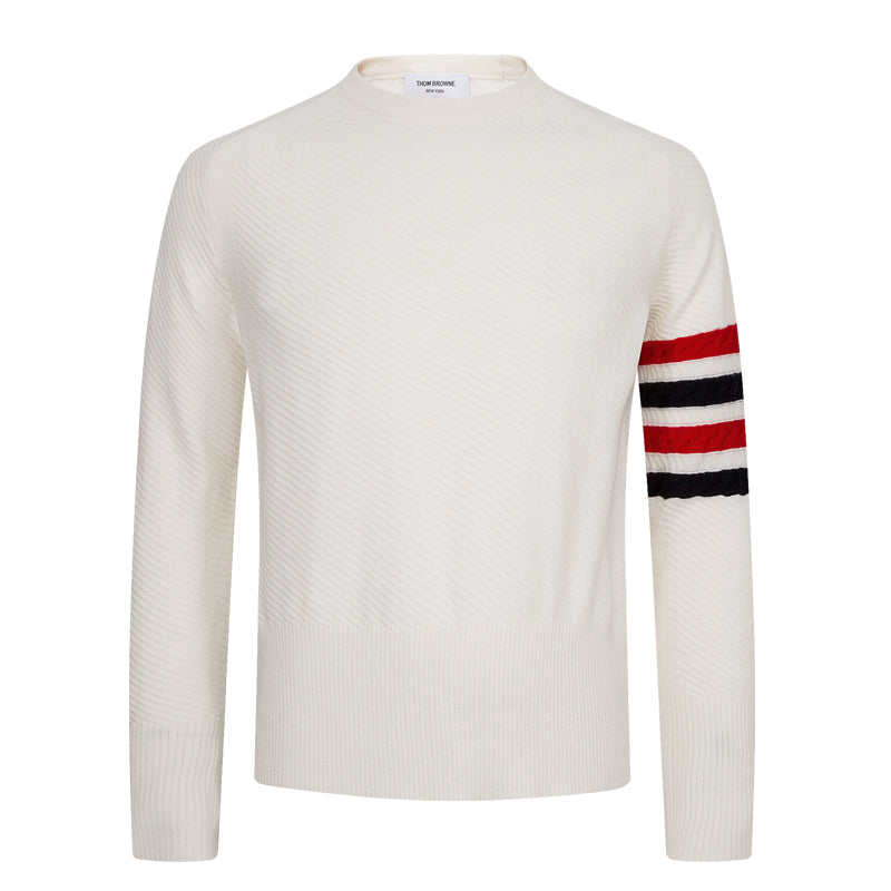 Thom BrowneMen's Classic Crew Neck Merino Wool Sweater with 4-Bar Detail