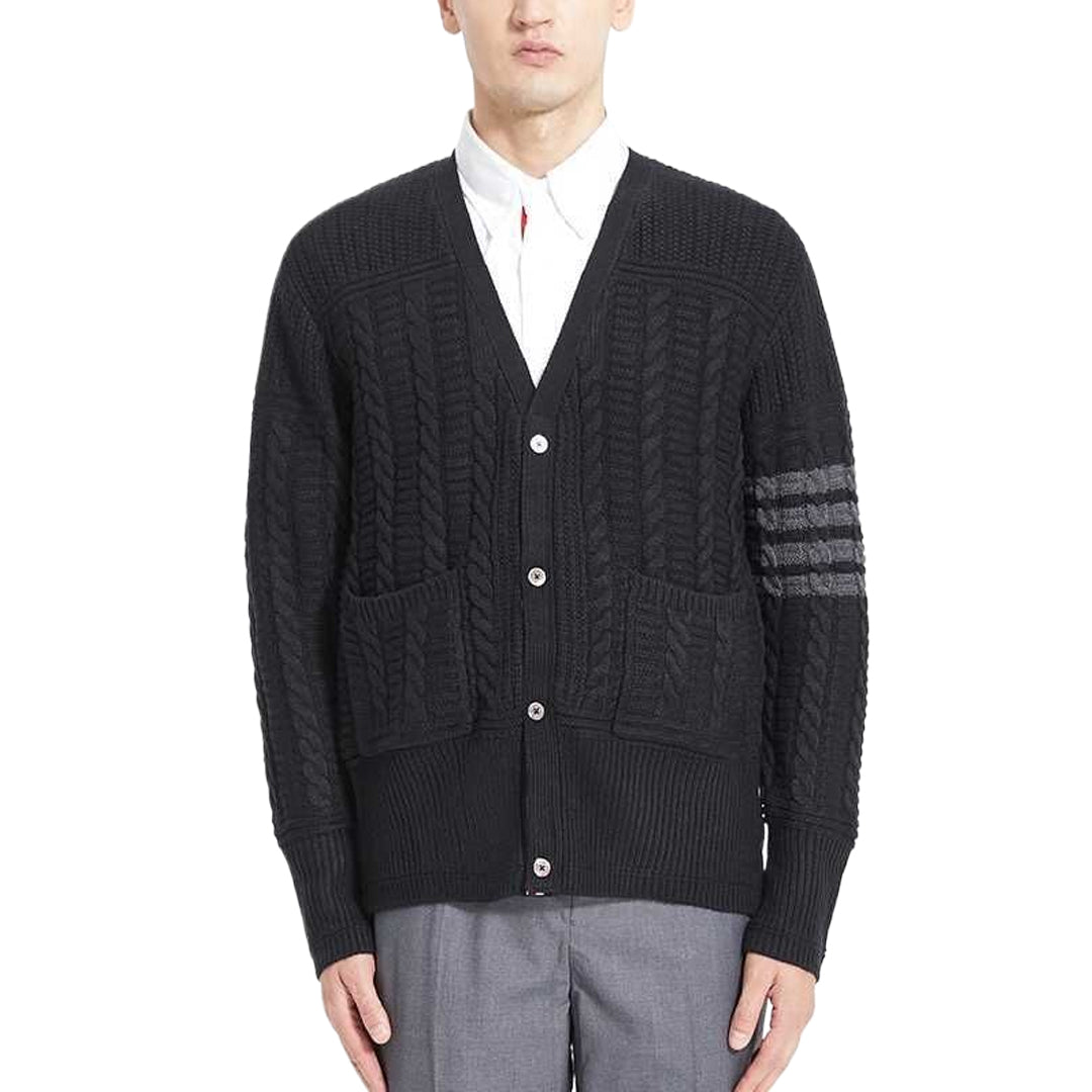 Thom BrowneMen's Classic V-Neck Knitted Cardigan with 4-Bar Sleeve Detail