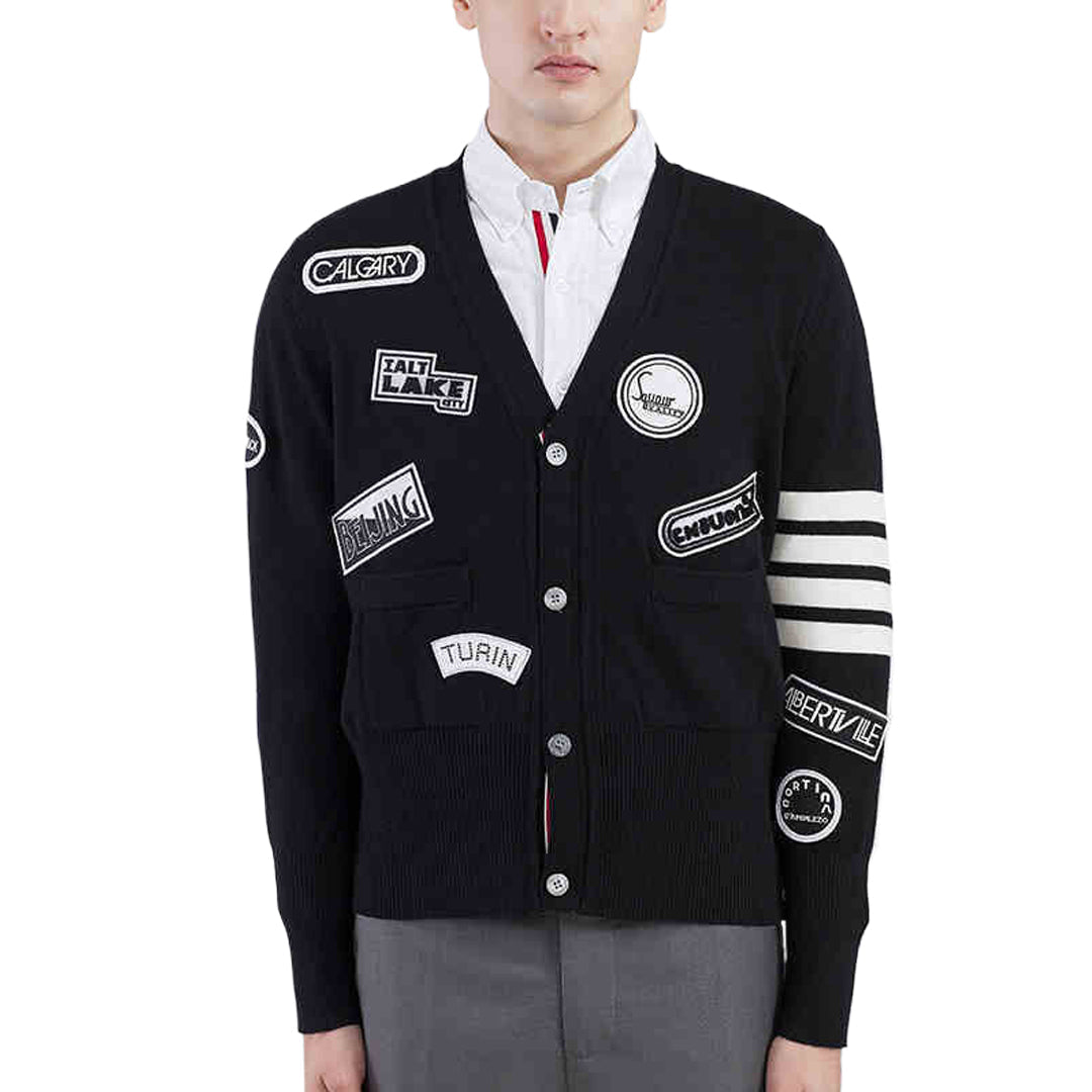 Thom BrowneMen's Classic V-Neck Knitted Cardigan with 4-Bar Sleeve Detail