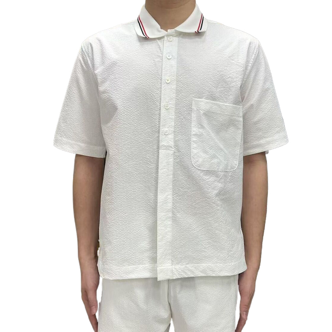 Thom BrowneMen's Seersucker Polo Shirt | 4-Bar Detail | Textured Elegance