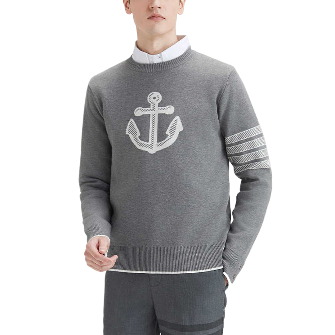 Thom BrowneMen's Classic Crew Neck Merino Wool Sweater with 4-Bar Detail