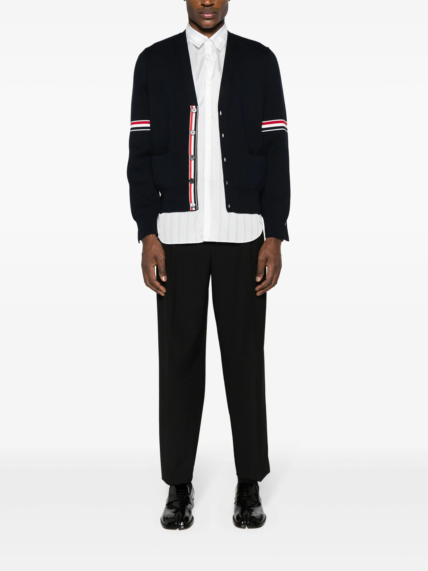 Thom BrowneMen's Classic V-Neck Knitted Cardigan with 4-Bar Sleeve Detail
