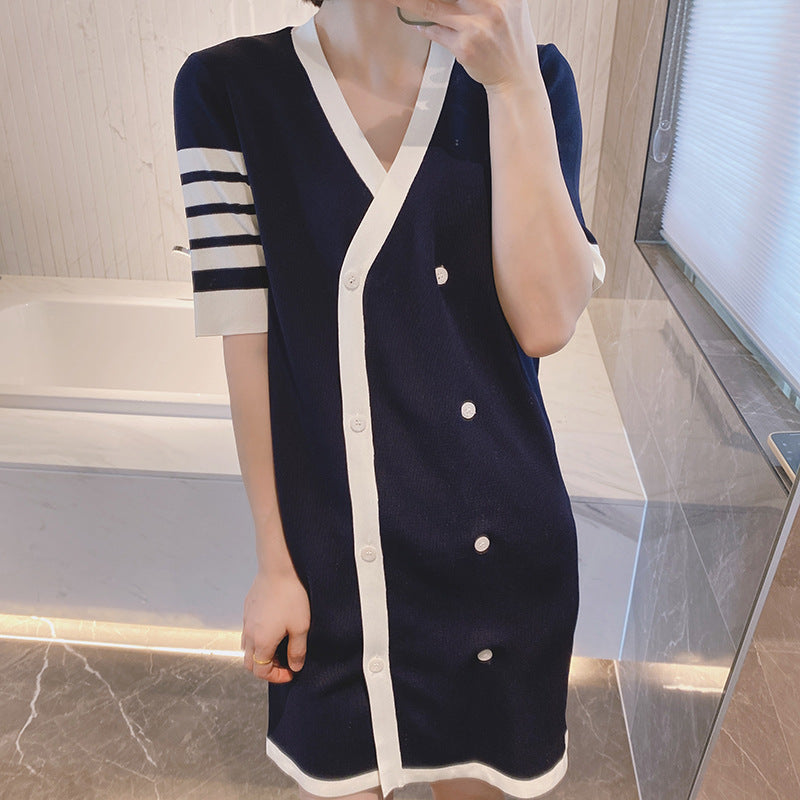 Women's Four-Bar Striped Cotton T-Shirt Dress with Button Front