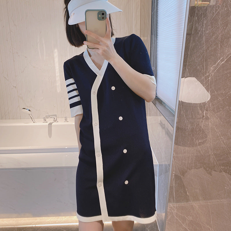 Women's Four-Bar Striped Cotton T-Shirt Dress with Button Front