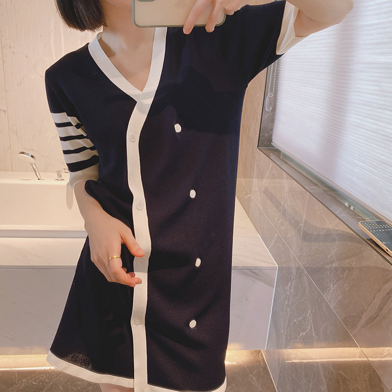 Women's Four-Bar Striped Cotton T-Shirt Dress with Button Front