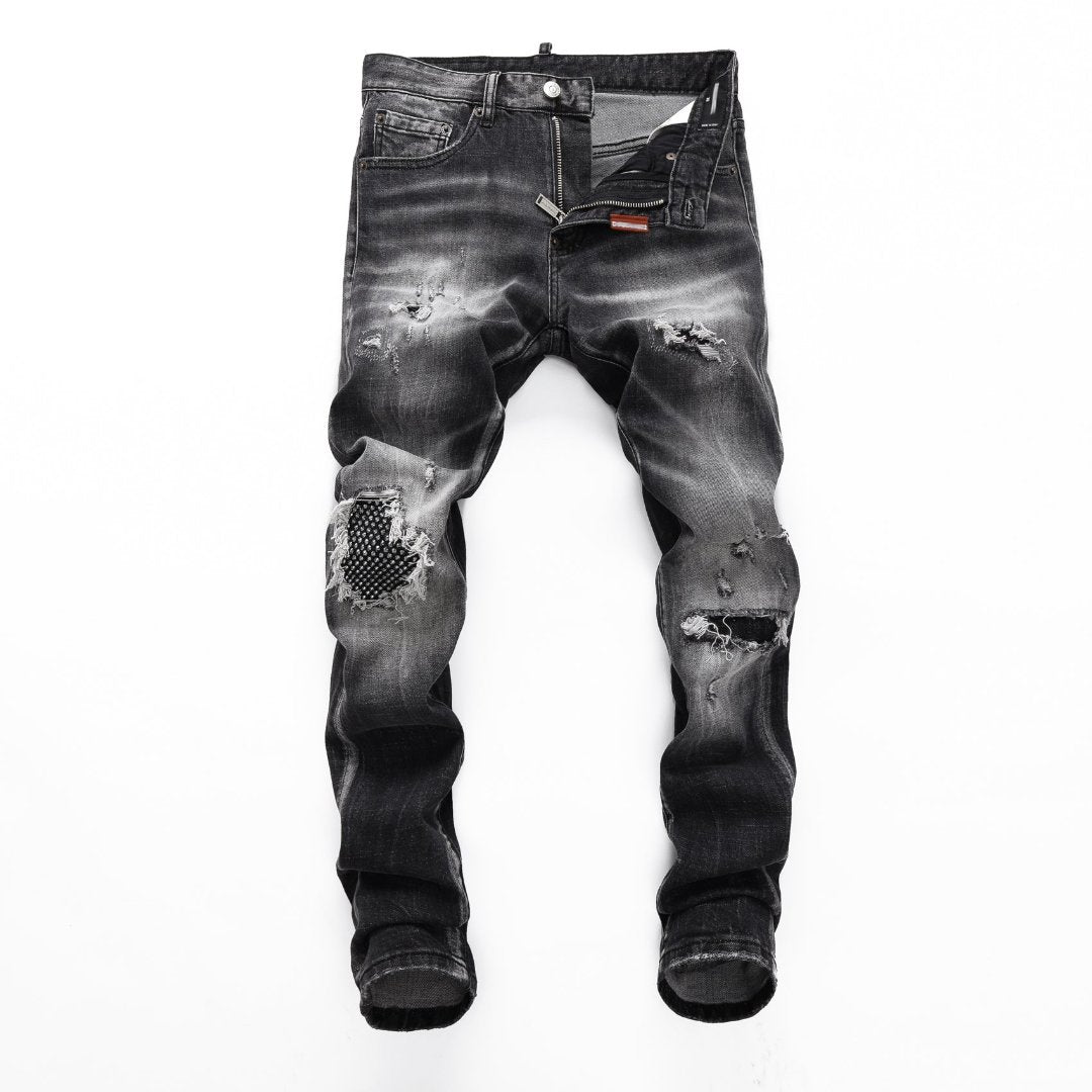 DSQ2 Men's Slim Fit Black Ripped Jeans – Stretch Denim with Sewn-on Logo Detail
