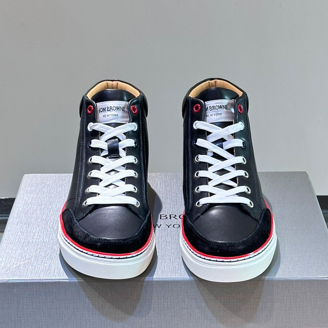 Thom BrowneMen's Premium High-Top Leather Sneakers - Handcrafted Cowhide Casual Shoes with Grosgrain Detail