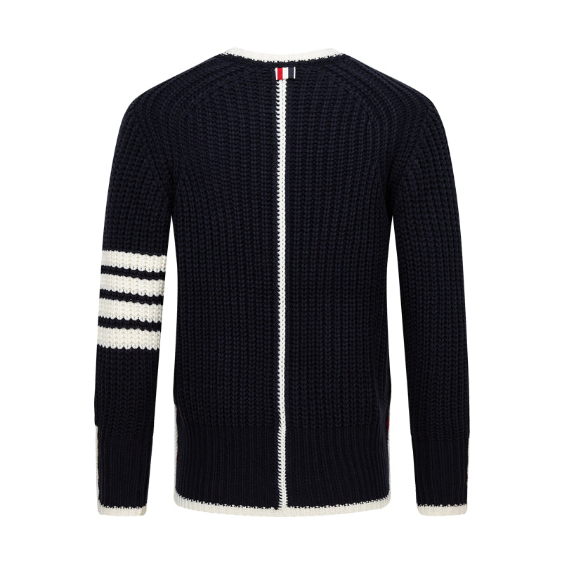 Thom BrowneMen's Classic Crew Neck Merino Wool Sweater with 4-Bar Detail