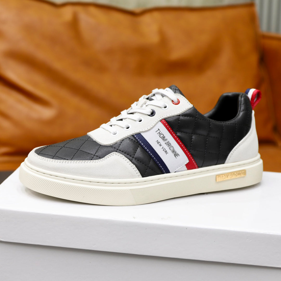 Thom BrowneMen's Premium Leather Sneakers - Handcrafted Cowhide Low-Top Casual Shoes with Grosgrain Detail