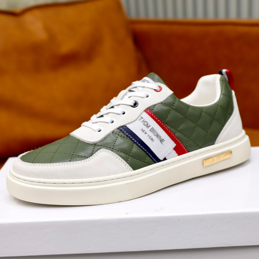 Thom BrowneMen's Premium Leather Sneakers - Handcrafted Cowhide Low-Top Casual Shoes with Grosgrain Detail