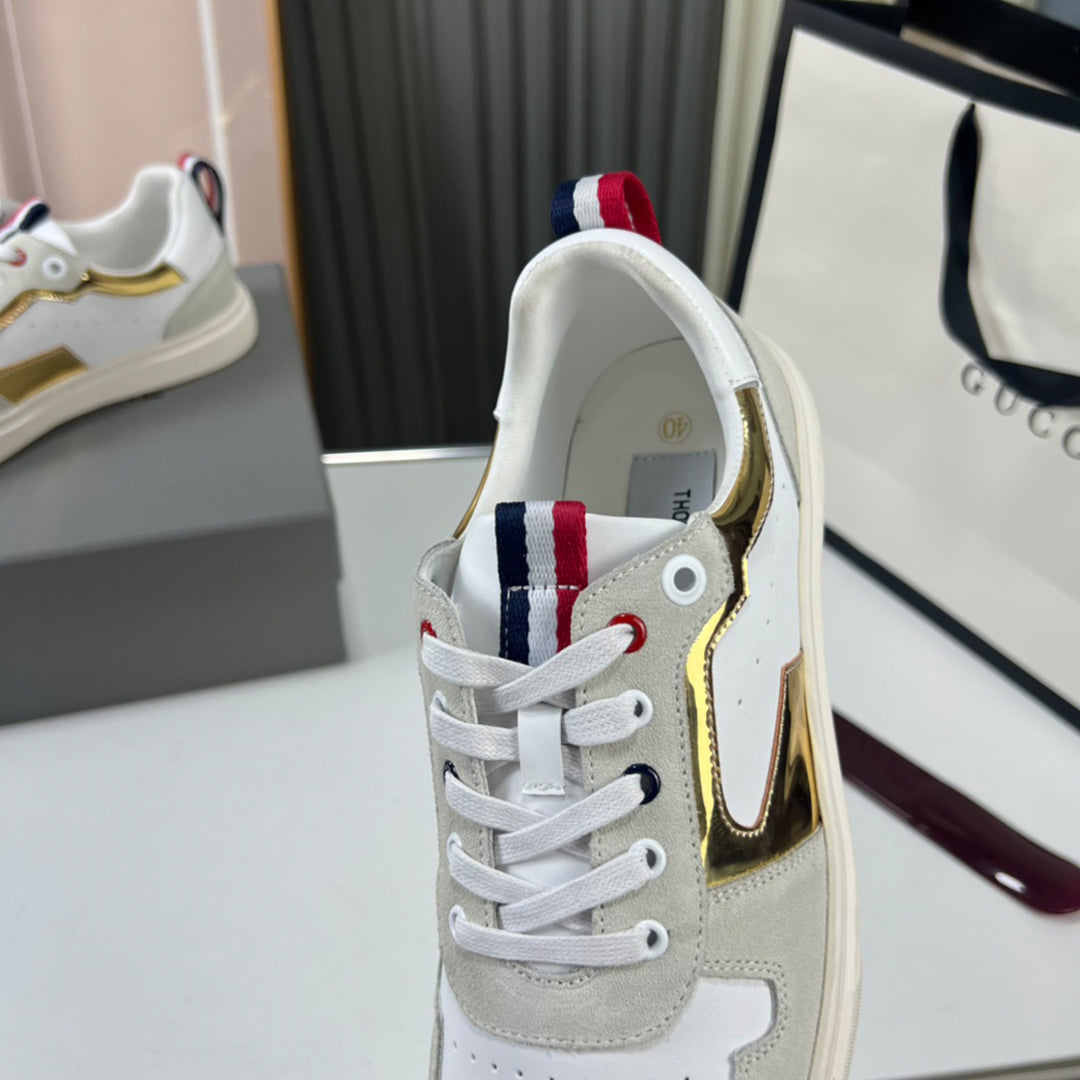 Thom BrowneMen's Premium Leather Sneakers - Handcrafted Cowhide Low-Top Casual Shoes with Grosgrain Detail