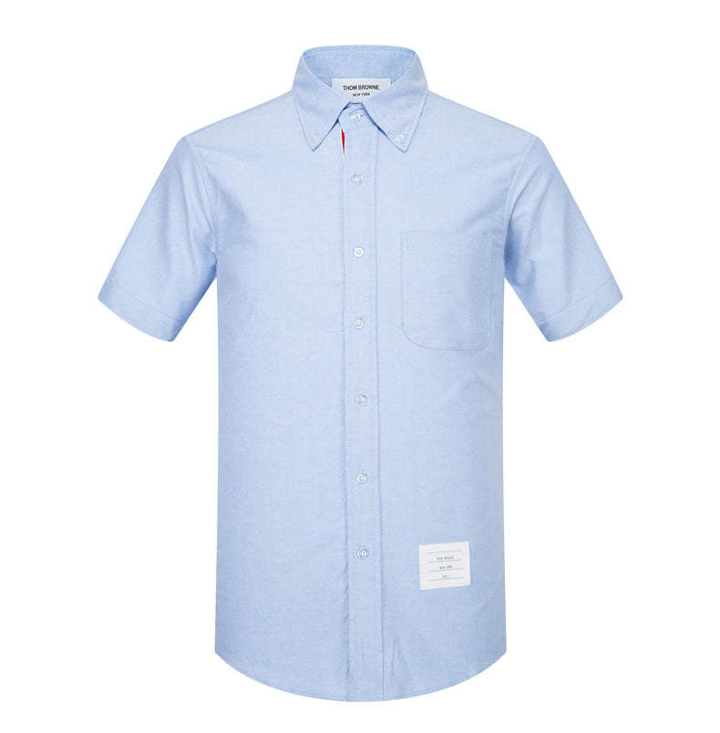 Thom BrowneMen's Short Sleeve Oxford Shirt - 100% Cotton Striped Grosgrain Detail