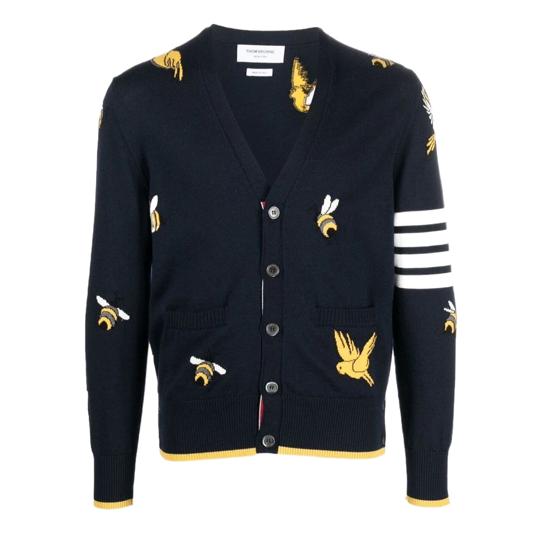 Thom BrowneMen's Classic V-Neck Knitted Cardigan with 4-Bar Sleeve Detail