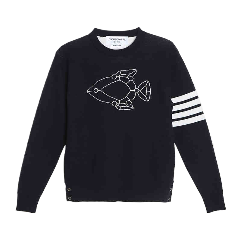 Thom BrowneMen's Classic Crew Neck Merino Wool Sweater with 4-Bar Detail