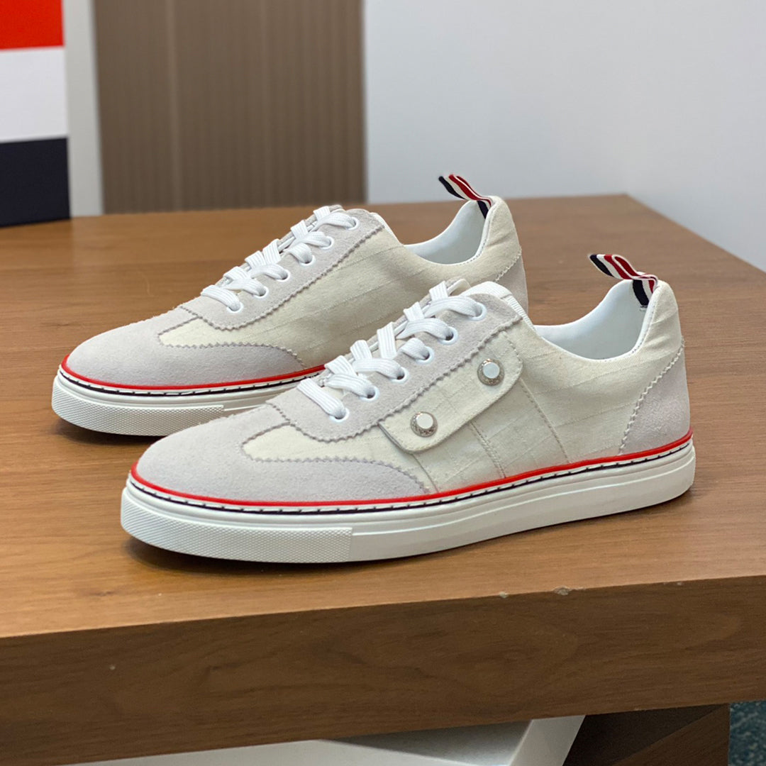 Thom BrowneMen's Premium Leather Sneakers - Handcrafted Cowhide Low-Top Casual Shoes with Grosgrain Detail