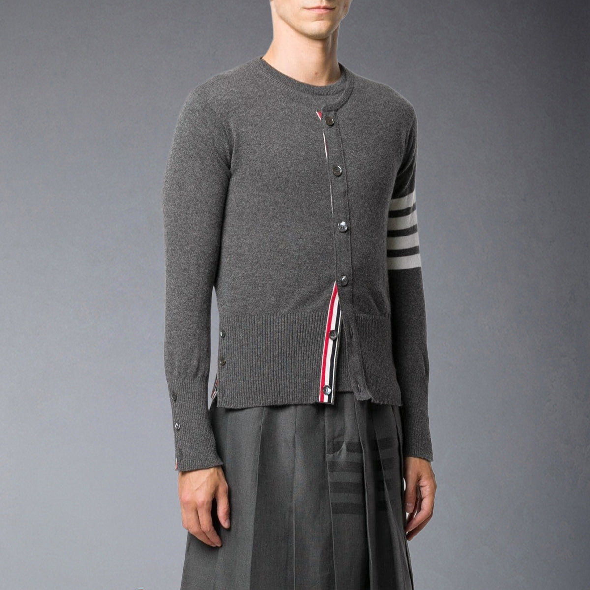 Thom BrowneMen's Classic V-Neck Knitted Cardigan with 4-Bar Sleeve Detail