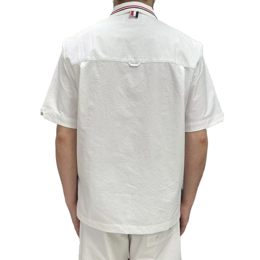 Thom BrowneMen's Seersucker Polo Shirt | 4-Bar Detail | Textured Elegance