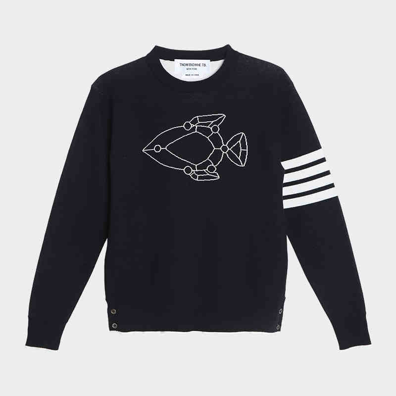 Thom BrowneMen's Classic Crew Neck Merino Wool Sweater with 4-Bar Detail