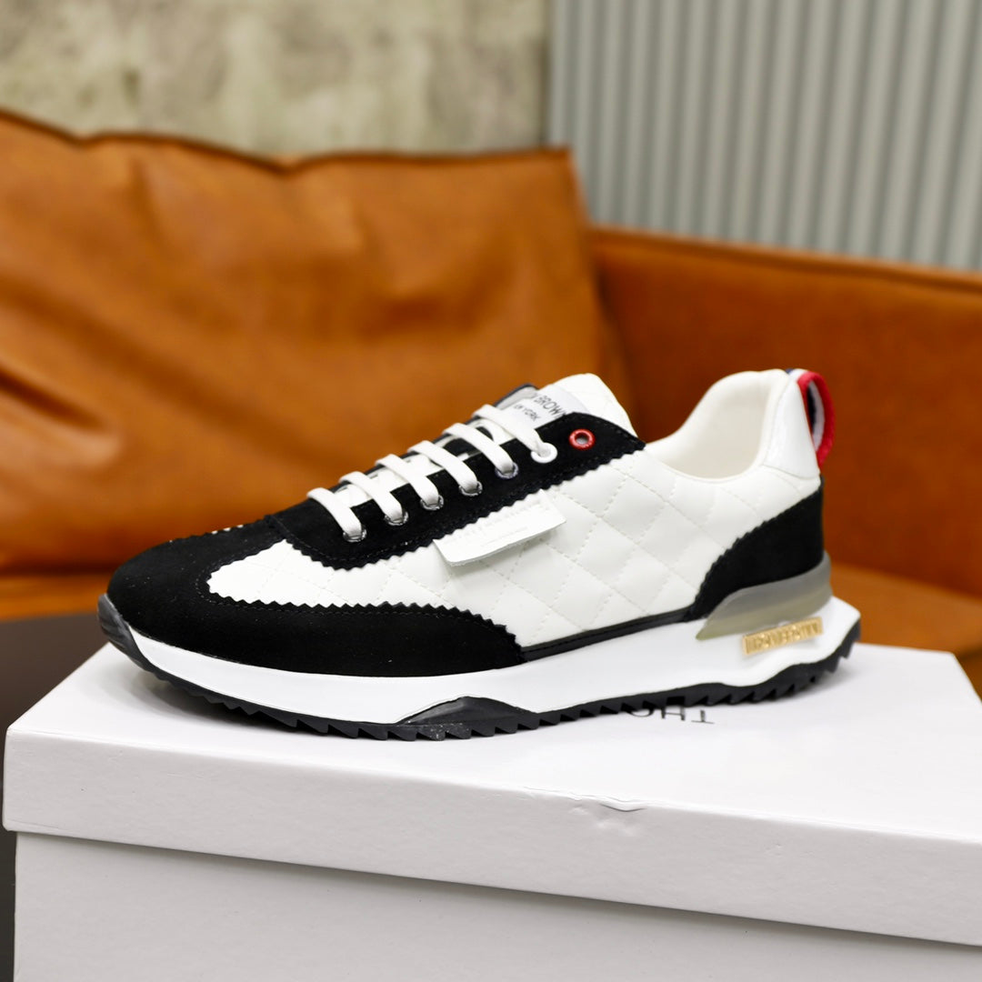 Thom BrowneMen's Premium Leather Sneakers - Handcrafted Cowhide Low-Top Casual Shoes with Grosgrain Detail
