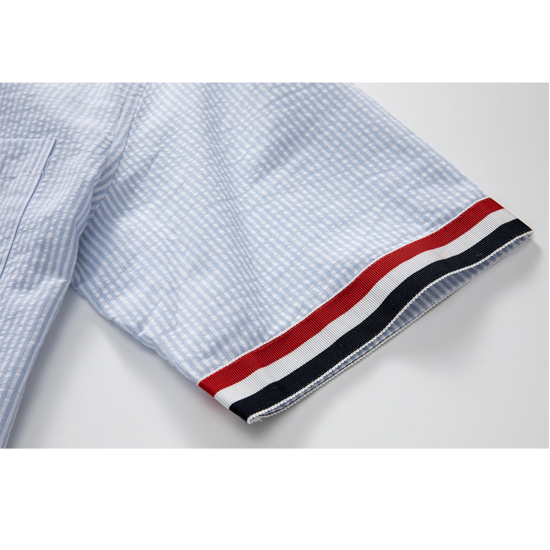 Men's Short Sleeve Oxford Shirt - 100% Cotton Striped Grosgrain Detail