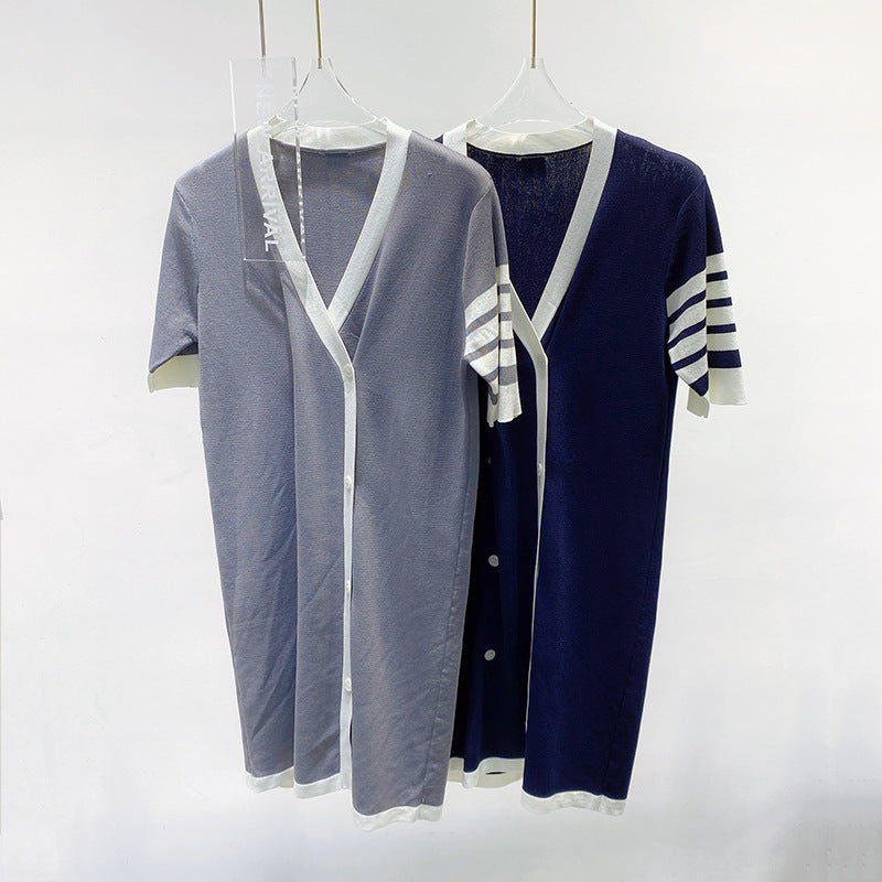 Women's Four-Bar Striped Cotton T-Shirt Dress with Button Front