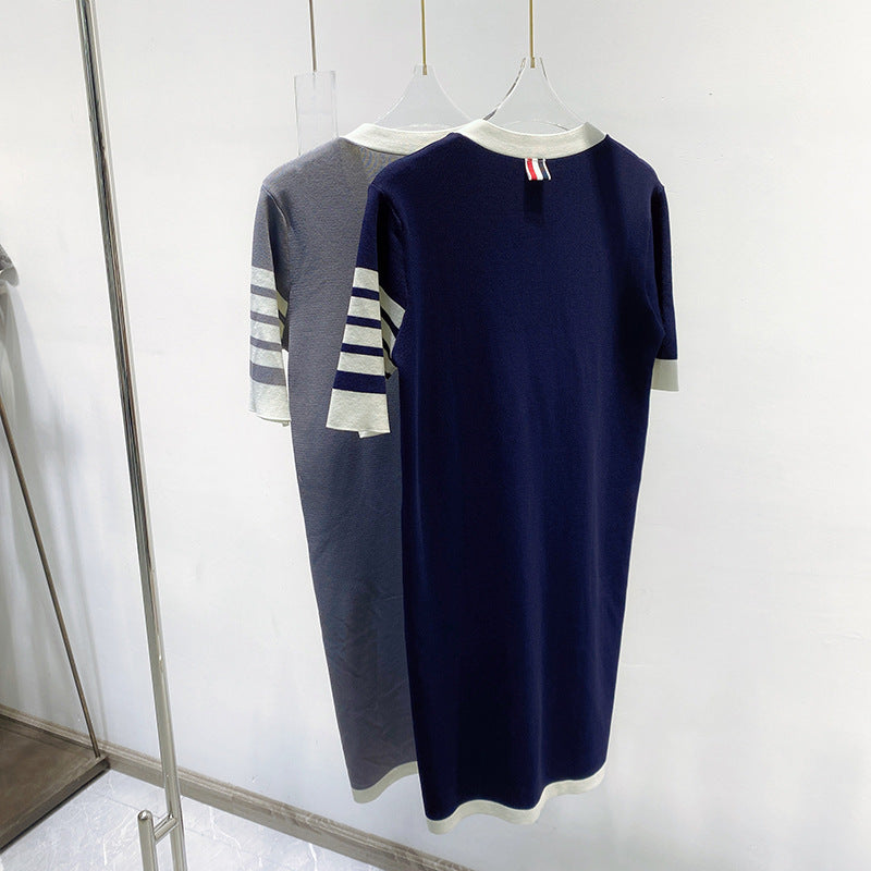 Women's Four-Bar Striped Cotton T-Shirt Dress with Button Front