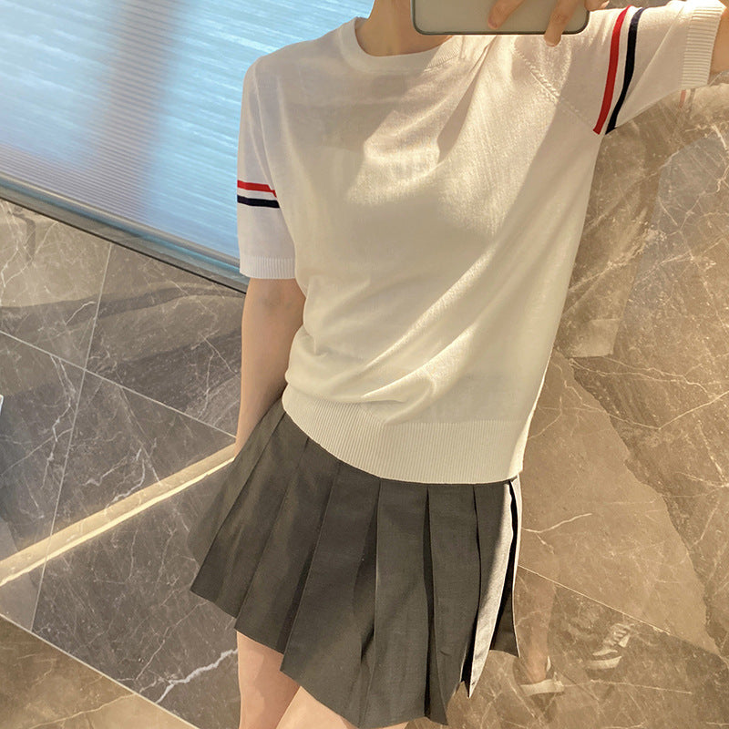 Thom BrowneWomen's Crew Neck Cotton T-Shirt - Japanese Craftsmanship