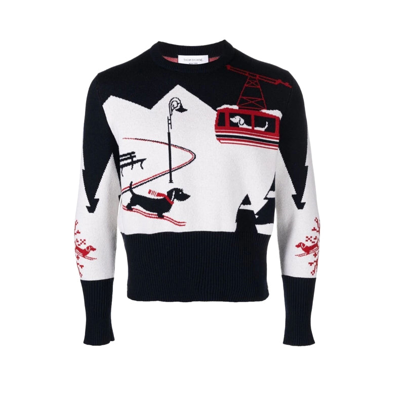 Thom BrowneMen's Classic Crew Neck Merino Wool Sweater with 4-Bar Detail