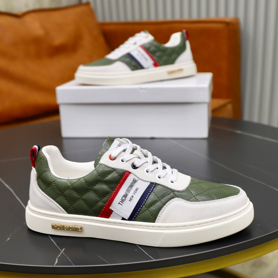 Thom BrowneMen's Premium Leather Sneakers - Handcrafted Cowhide Low-Top Casual Shoes with Grosgrain Detail