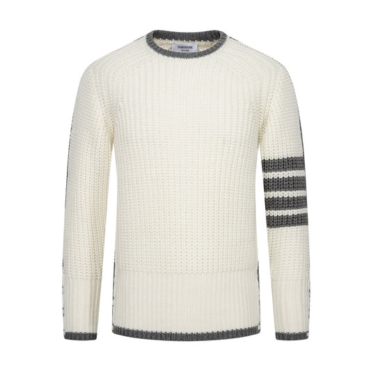 Thom BrowneMen's Classic Crew Neck Merino Wool Sweater with 4-Bar Detail