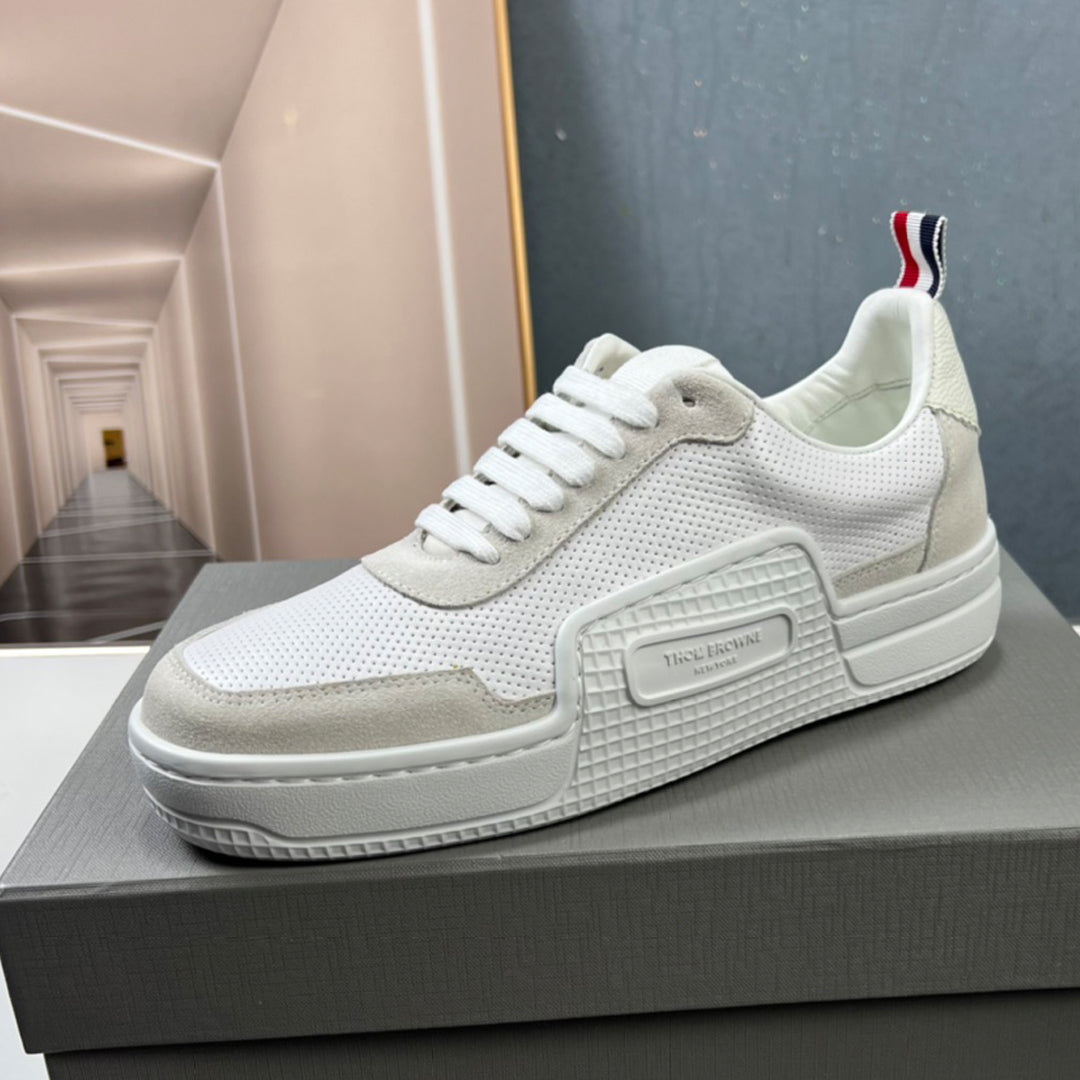 Thom BrowneMen's Premium Leather Sneakers - Handcrafted Cowhide Low-Top Casual Shoes with Grosgrain Detail