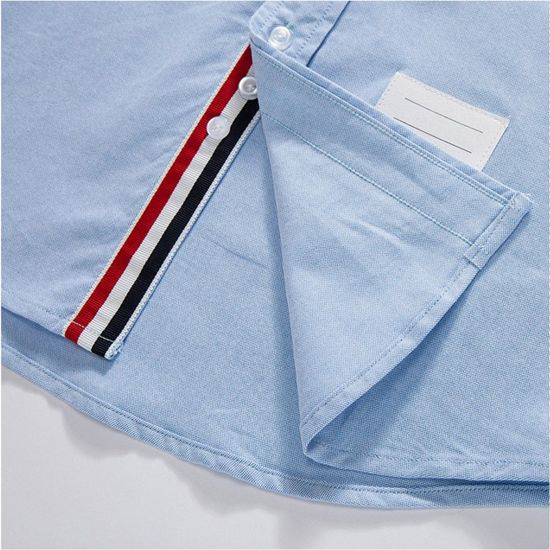 Thom BrowneMen's Short Sleeve Oxford Shirt - 100% Cotton Striped Grosgrain Detail