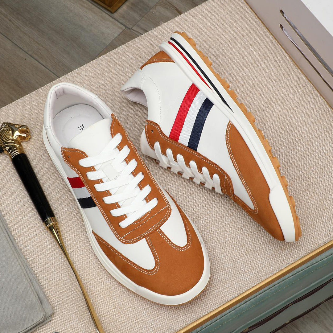 Thom BrowneMen's Premium Leather Sneakers - Handcrafted Cowhide Low-Top Casual Shoes with Grosgrain Detail