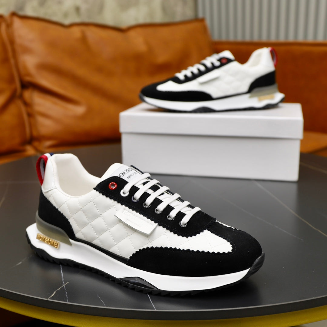 Thom BrowneMen's Premium Leather Sneakers - Handcrafted Cowhide Low-Top Casual Shoes with Grosgrain Detail