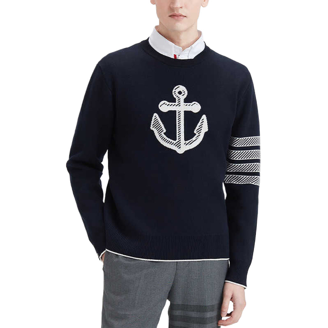 Thom BrowneMen's Classic Crew Neck Merino Wool Sweater with 4-Bar Detail