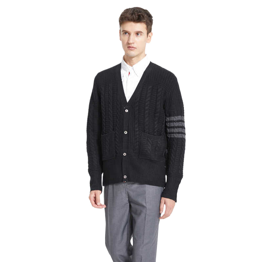 Thom BrowneMen's Classic V-Neck Knitted Cardigan with 4-Bar Sleeve Detail
