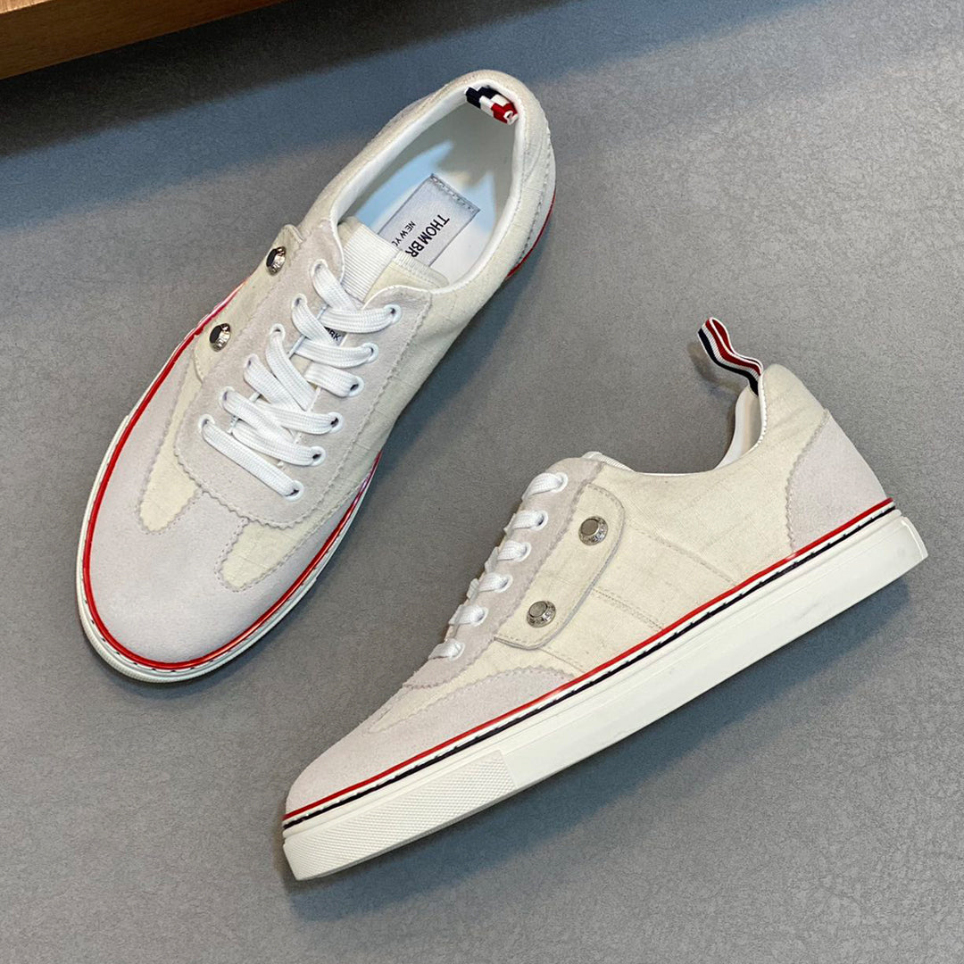 Thom BrowneMen's Premium Leather Sneakers - Handcrafted Cowhide Low-Top Casual Shoes with Grosgrain Detail