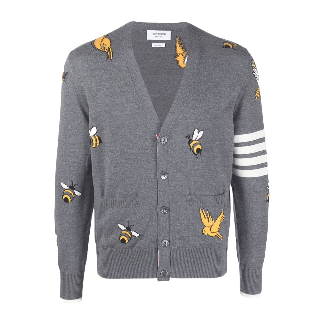 Thom BrowneMen's Classic V-Neck Knitted Cardigan with 4-Bar Sleeve Detail