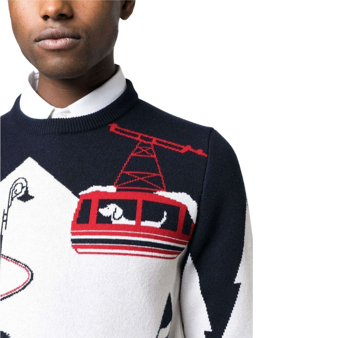 Thom BrowneMen's Classic Crew Neck Merino Wool Sweater with 4-Bar Detail