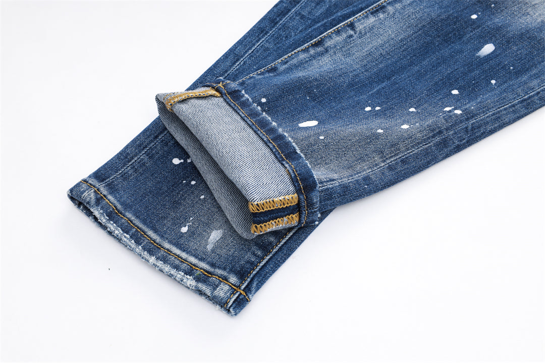 DSQ2 Men's Slim Fit Paint Splash Jeans – Dark Wash Stretch Denim