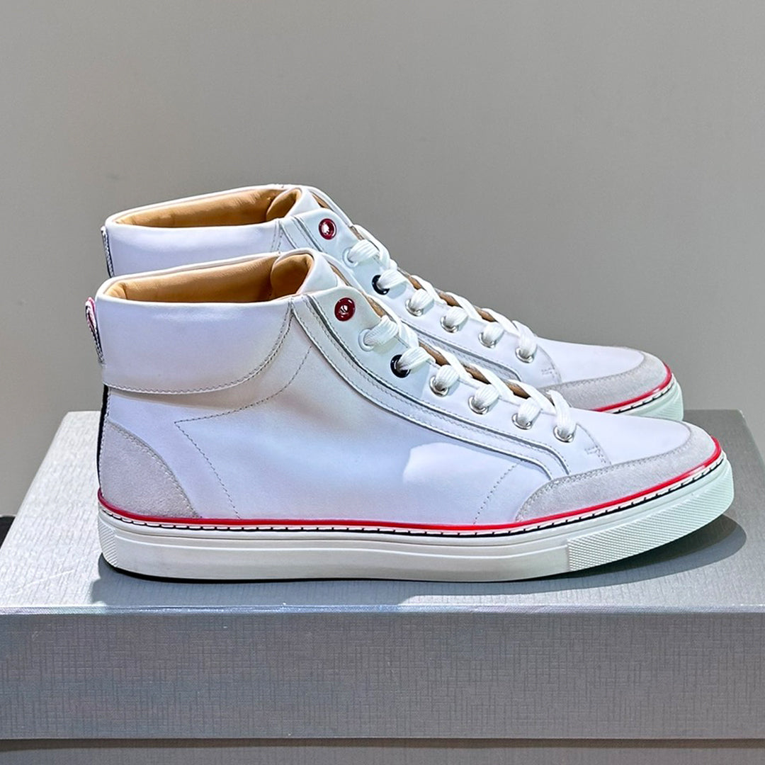 Thom BrowneMen's Premium High-Top Leather Sneakers - Handcrafted Cowhide Casual Shoes with Grosgrain Detail