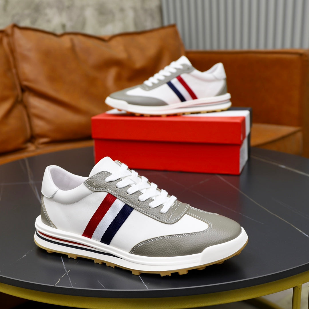 Thom BrowneMen's Classic Leather Sneakers - Premium Cowhide Low-Top Casual Shoes with Grosgrain Detail