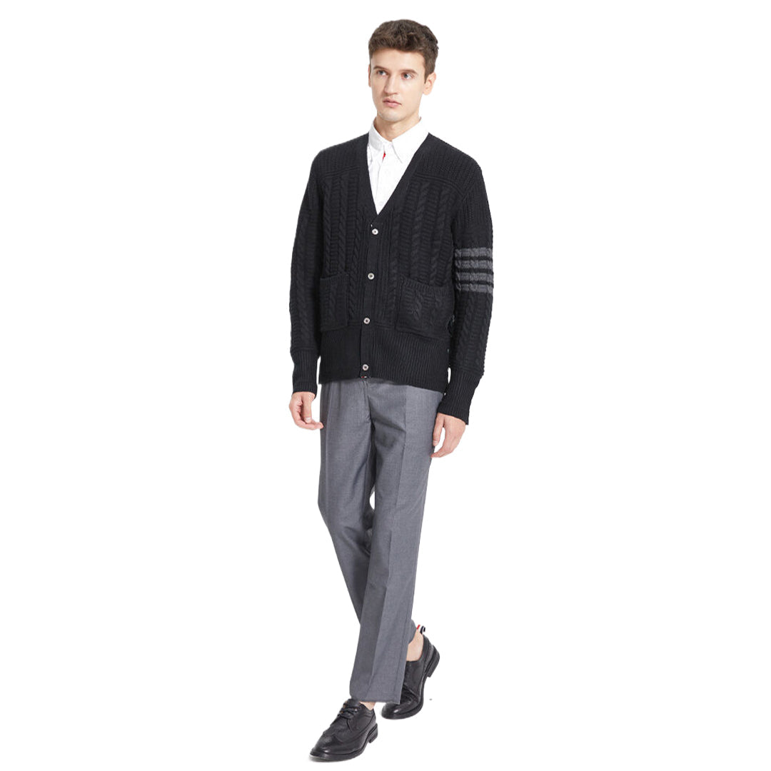 Thom BrowneMen's Classic V-Neck Knitted Cardigan with 4-Bar Sleeve Detail