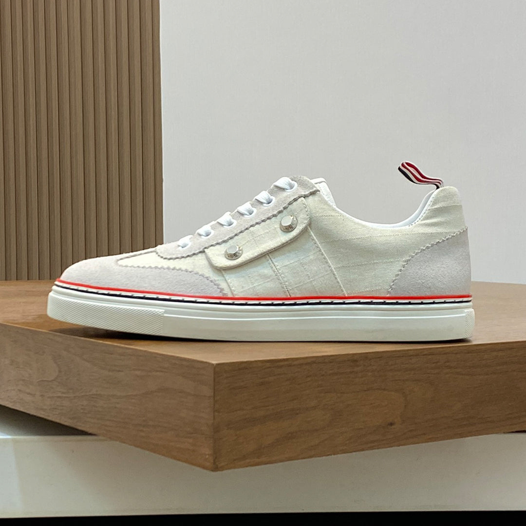 Thom BrowneMen's Premium Leather Sneakers - Handcrafted Cowhide Low-Top Casual Shoes with Grosgrain Detail