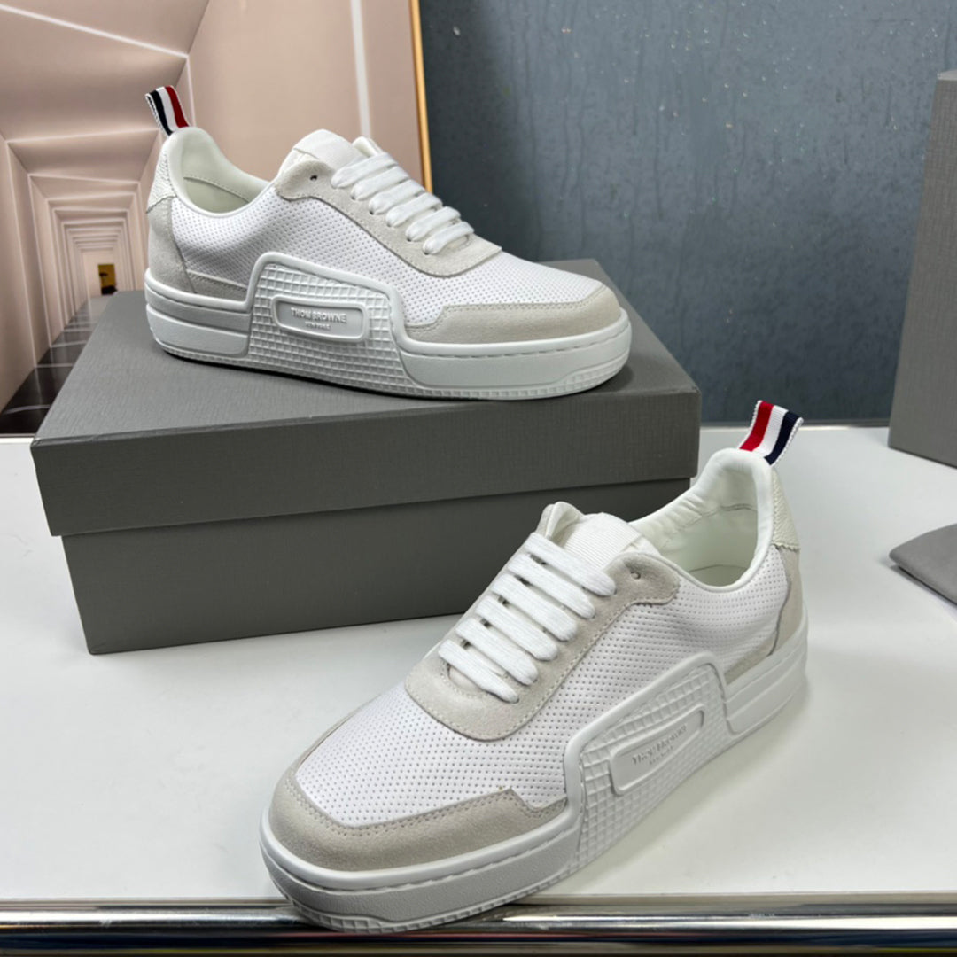 Thom BrowneMen's Premium Leather Sneakers - Handcrafted Cowhide Low-Top Casual Shoes with Grosgrain Detail