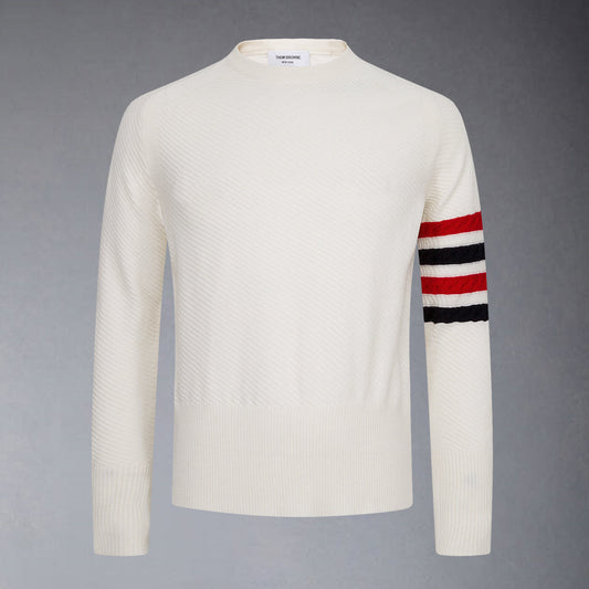 Thom BrowneMen's Classic Crew Neck Merino Wool Sweater with 4-Bar Detail