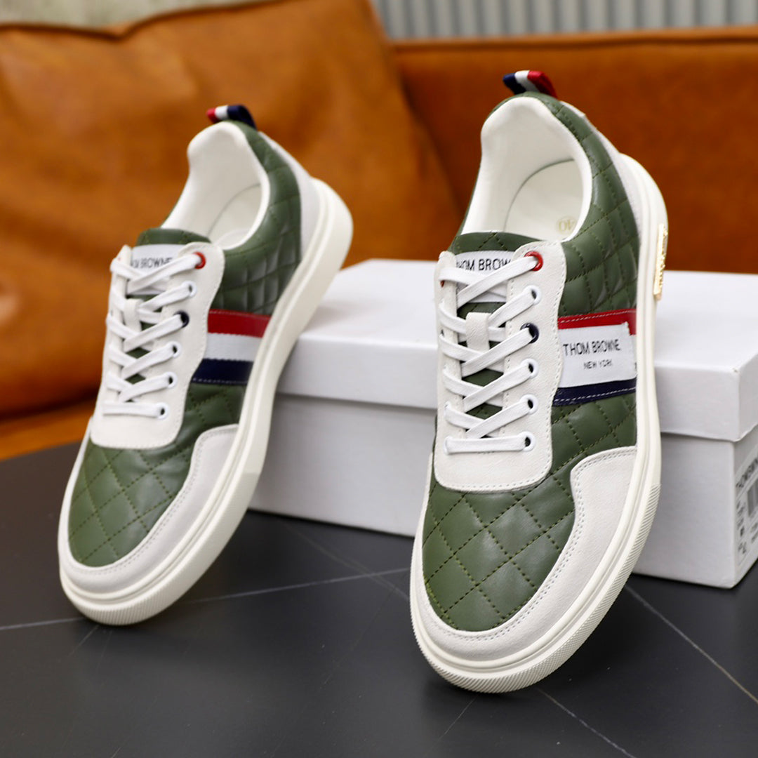 Thom BrowneMen's Premium Leather Sneakers - Handcrafted Cowhide Low-Top Casual Shoes with Grosgrain Detail